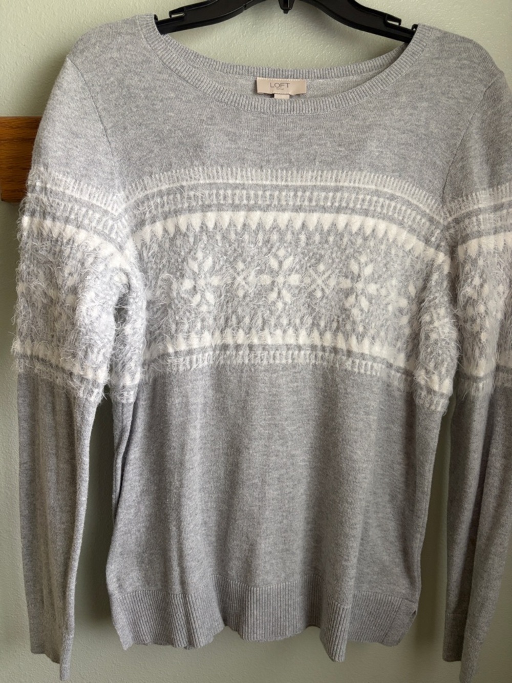LOFT Light Gray and White Fair Isle Crewneck Sweater